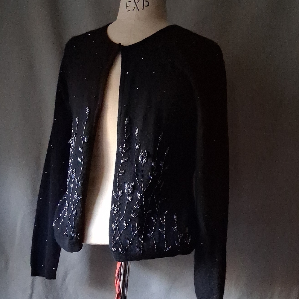 Grace Knitwear black wool/angora beaded cardigan-sz L